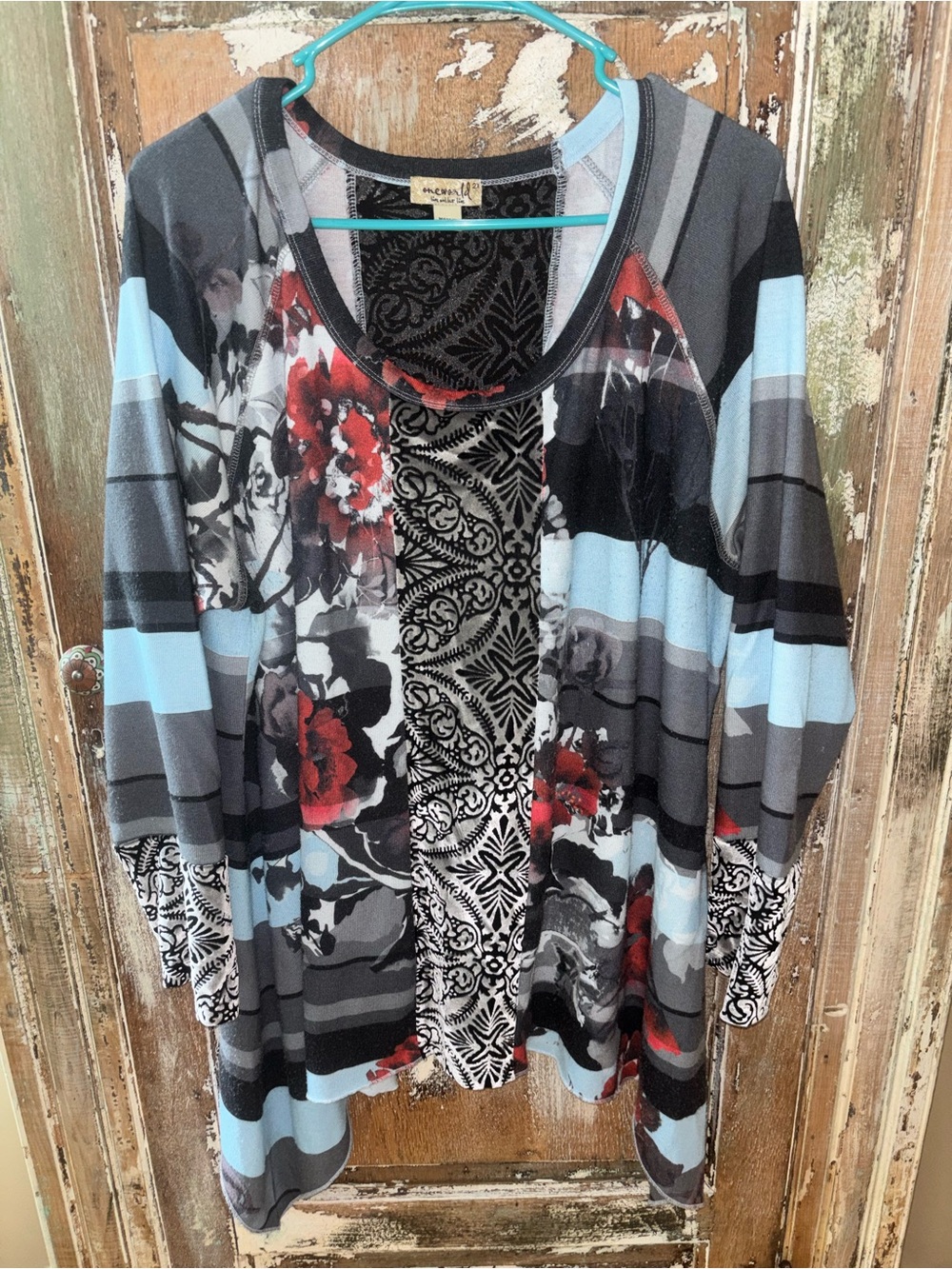 One World Boho Mixed Print Tunic Top Women’s 2X Floral Striped Asymmetrical Hem